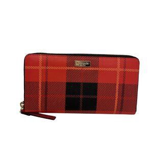 NWOT Kate Spade Red & Black Plaid Leather Zip-Around large Wallet Gold Hardware